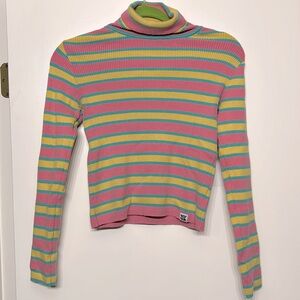 Lucy and Yak - Aiden Organic Cotton Roll Neck Top In Pink & Yellow Stripe - S